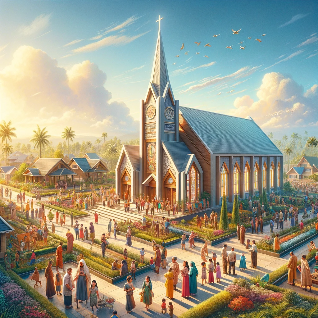 Community members of diverse ages and backgrounds gather around the newly established Sayde Church, under a clear blue sky. The church, a blend of modern and traditional architecture, stands amidst lush greenery.