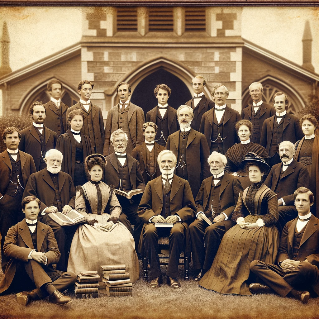 A sepia-toned vintage photograph of the early leaders and founders of Sayde Church, dressed in late 19th to early 20th-century attire, posing in front of an old church.