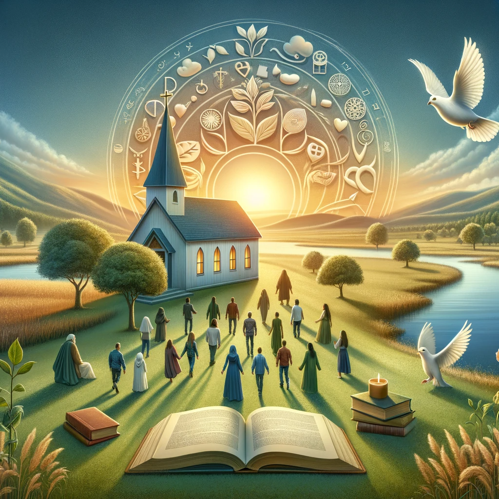 A small church in a peaceful landscape with a rising sun, surrounded by a diverse group of people, nature, and symbols of peace and knowledge.
