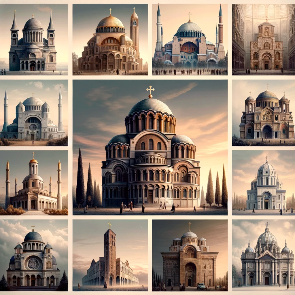 Collage-style image featuring Sayde Church's exterior alongside iconic religious buildings from around the world.